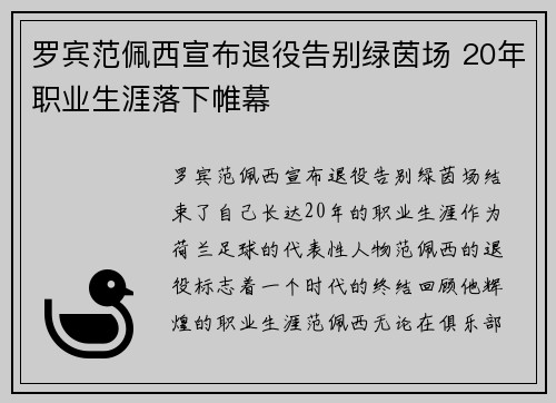 罗宾范佩西宣布退役告别绿茵场 20年职业生涯落下帷幕 罗宾范佩西宣布退役告别绿茵场 20年职业生涯落下帷幕